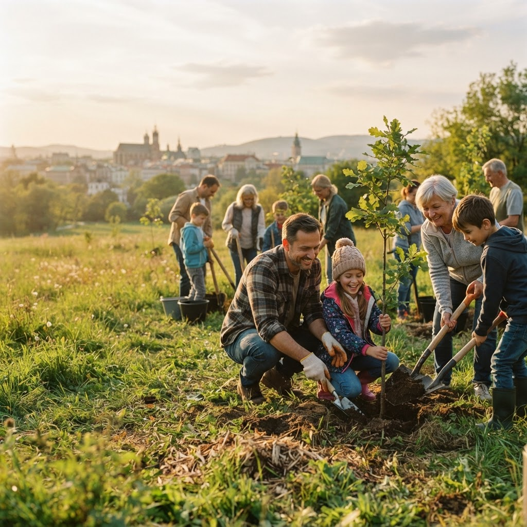 Community members planting young trees together in a meadow